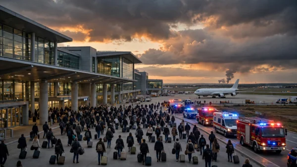 Travellers with luggage evacuating an international airport terminal at dusk as emergency vehicles with flashing lights gather on the forecourt, a grounded passenger jet on the tarmac and a thin column of smoke on the distant horizon
