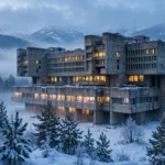 A Soviet-era scientific research institute building in a snowy Siberian landscape at dawn, with mountains and pine trees