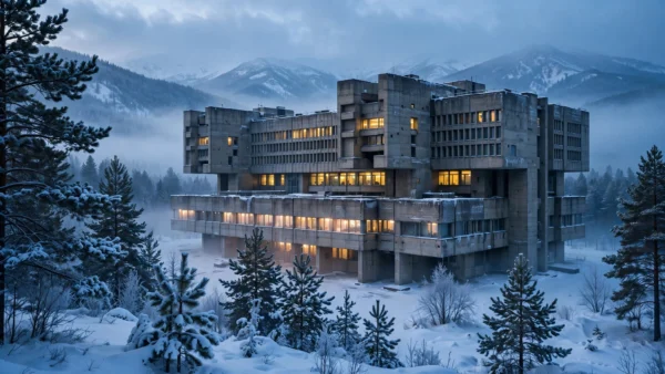 A Soviet-era scientific research institute building in a snowy Siberian landscape at dawn, with mountains and pine trees