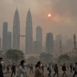 Kuala Lumpur's Petronas Twin Towers shrouded in thick orange toxic haze, with masked pedestrians crossing a street beneath a dim red sun.