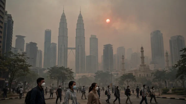 Kuala Lumpur's Petronas Twin Towers shrouded in thick orange toxic haze, with masked pedestrians crossing a street beneath a dim red sun.