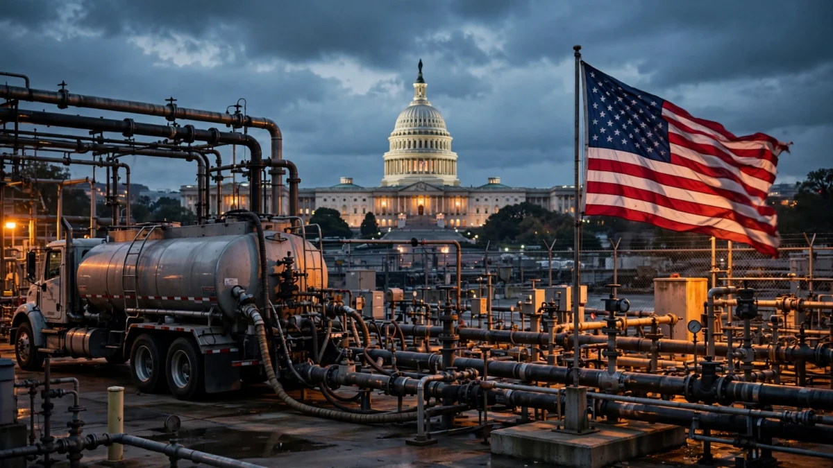 US Capitol dome at dusk with a diesel tanker truck and fuel pipelines in the foreground under an American flag, illustrating the Senate row over Trump's Russian diesel deal