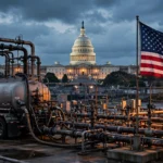 US Capitol dome at dusk with a diesel tanker truck and fuel pipelines in the foreground under an American flag, illustrating the Senate row over Trump's Russian diesel deal
