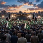 A large crowd of political supporters waving green-and-white Pakistani flags at a floodlit outdoor rally in Pakistan at dusk