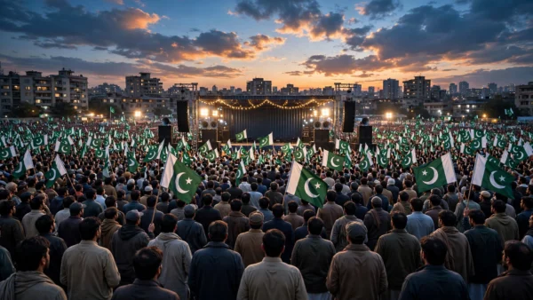 A large crowd of political supporters waving green-and-white Pakistani flags at a floodlit outdoor rally in Pakistan at dusk