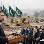 A government leader at a podium addressing an outdoor official ceremony in Islamabad, with Pakistani flags and construction machinery in the background