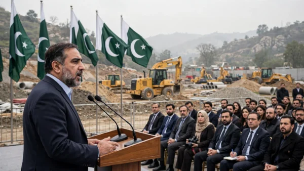 A government leader at a podium addressing an outdoor official ceremony in Islamabad, with Pakistani flags and construction machinery in the background