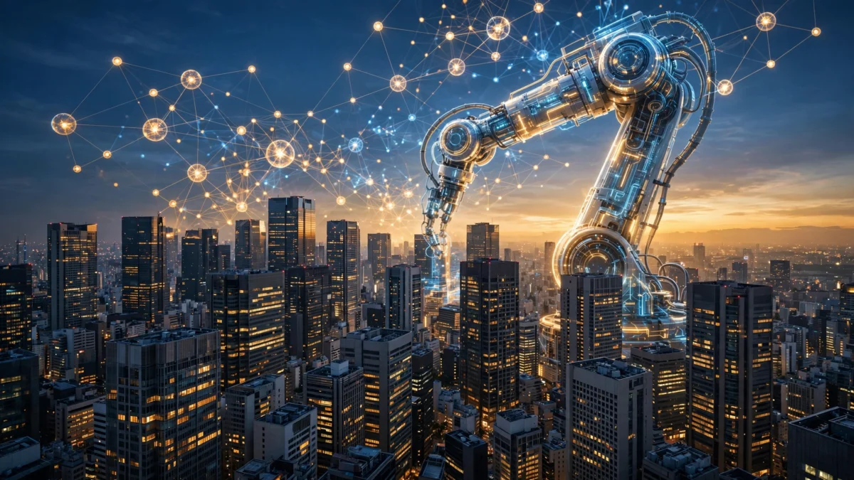Tokyo financial district skyscrapers at dusk with glowing robotic arm and AI neural-network motifs, symbolising Gulf capital meeting artificial intelligence investment