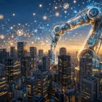 Tokyo financial district skyscrapers at dusk with glowing robotic arm and AI neural-network motifs, symbolising Gulf capital meeting artificial intelligence investment