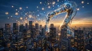 Tokyo financial district skyscrapers at dusk with glowing robotic arm and AI neural-network motifs, symbolising Gulf capital meeting artificial intelligence investment