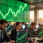 Traders on a stock exchange floor as green market charts climb, capturing the S&P 500's record close on Tuesday.
