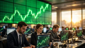 Traders on a stock exchange floor as green market charts climb, capturing the S&P 500's record close on Tuesday.