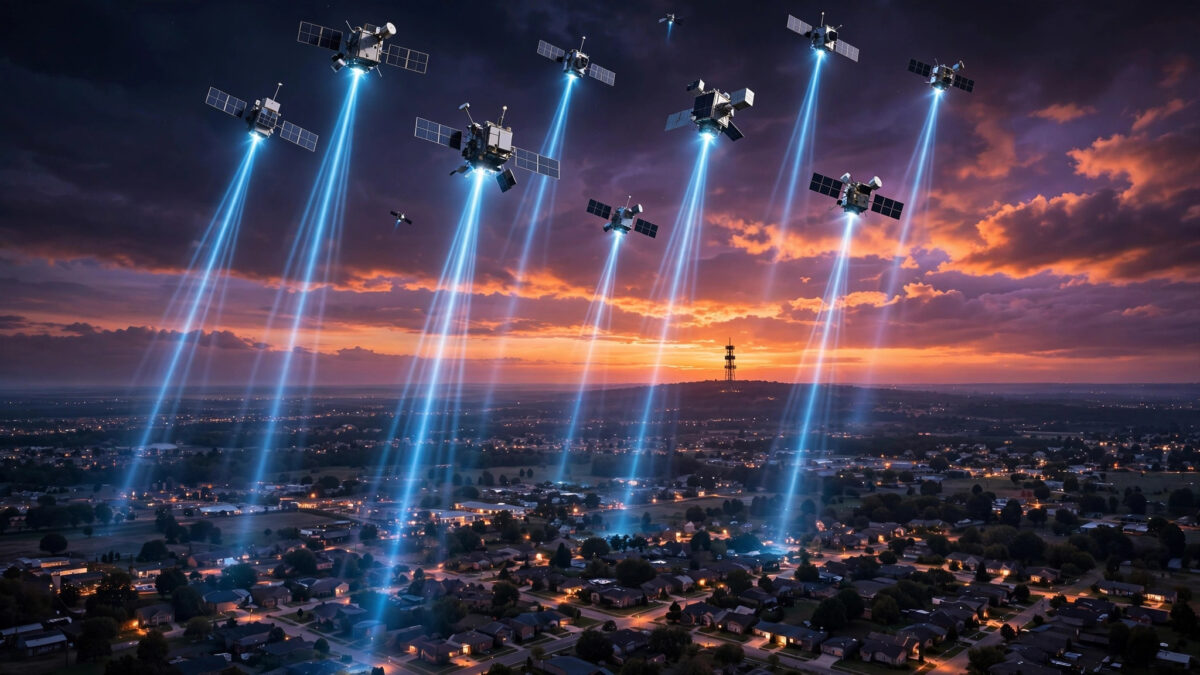 Illustration of Starlink satellites beaming mobile signals down toward an American town at dusk, with a silhouetted cell tower on the horizon