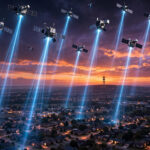 Illustration of Starlink satellites beaming mobile signals down toward an American town at dusk, with a silhouetted cell tower on the horizon