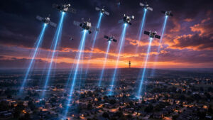 Illustration of Starlink satellites beaming mobile signals down toward an American town at dusk, with a silhouetted cell tower on the horizon
