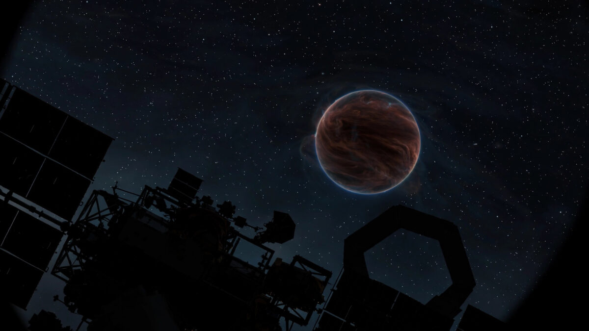 A solitary brown dwarf glowing dimly red-brown with swirling clouds against a dark star field, observed by a silhouetted space telescope.