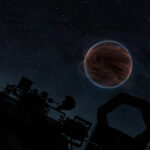 A solitary brown dwarf glowing dimly red-brown with swirling clouds against a dark star field, observed by a silhouetted space telescope.