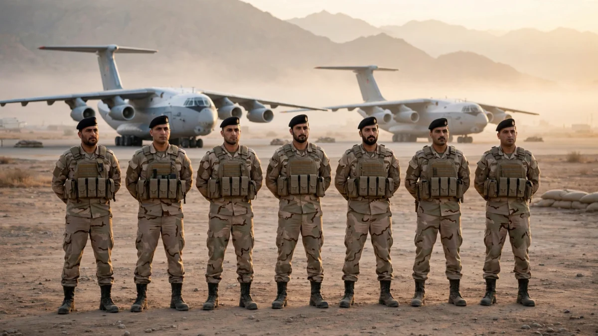 Syrian soldiers in desert camouflage standing in formation at a desert airfield at dawn with military transport aircraft behind them