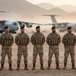 Syrian soldiers in desert camouflage standing in formation at a desert airfield at dawn with military transport aircraft behind them