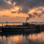 Large crude oil tanker anchored offshore at dusk with a thin dark smoke plume rising from its deck and a coast guard patrol vessel alongside, calm Arabian Gulf waters near the UAE coastline