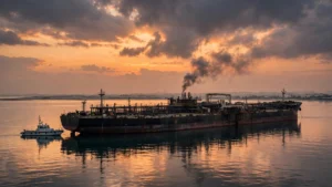 Large crude oil tanker anchored offshore at dusk with a thin dark smoke plume rising from its deck and a coast guard patrol vessel alongside, calm Arabian Gulf waters near the UAE coastline
