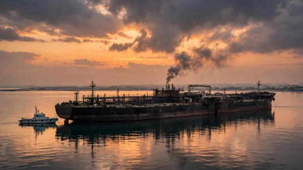 Large crude oil tanker anchored offshore at dusk with a thin dark smoke plume rising from its deck and a coast guard patrol vessel alongside, calm Arabian Gulf waters near the UAE coastline