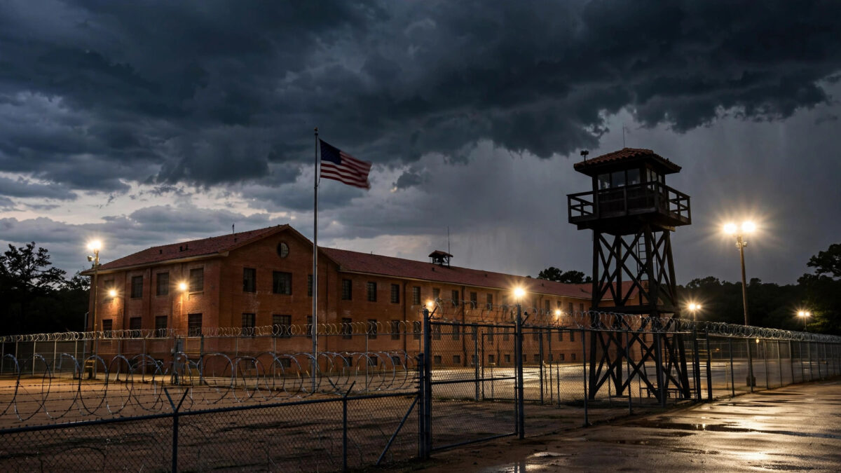 The Texas State Penitentiary at Huntsville at dusk, with a guard tower, barbed-wire fences, floodlights and an American flag under a stormy sky.