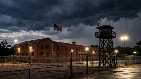 The Texas State Penitentiary at Huntsville at dusk, with a guard tower, barbed-wire fences, floodlights and an American flag under a stormy sky.