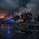 Damaged electrical power substation with burning transformers and rising smoke at night after strikes on Ukrainian energy infrastructure