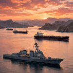 A US Navy warship escorts oil tankers through the Strait of Hormuz at dusk as Trump rules out new Iran strikes before the November 3 midterm elections