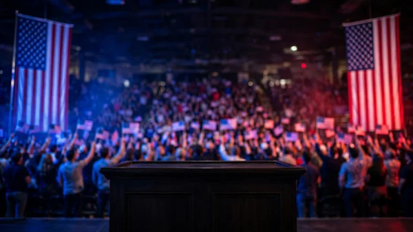 A packed campaign rally arena at night, with a podium on stage, large American flags and supporters waving small flags