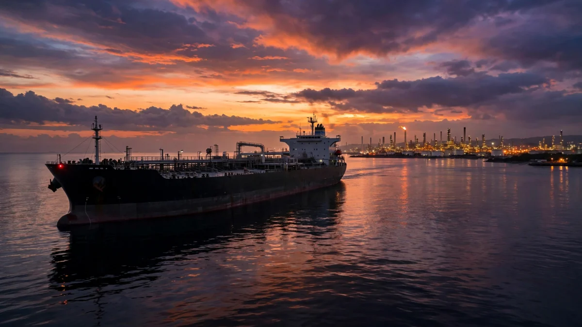 AI-generated editorial illustration of a large oil tanker sailing at dusk toward an industrial refinery on the horizon