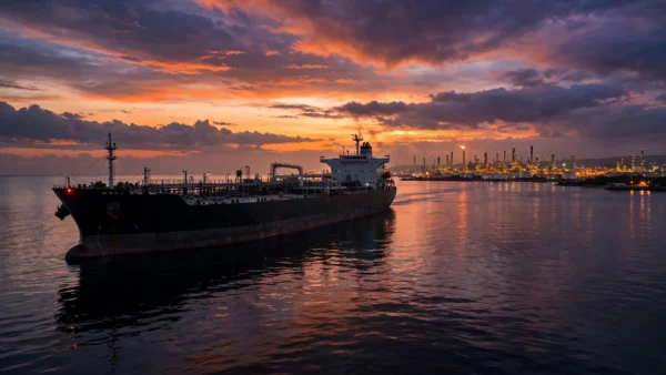 AI-generated editorial illustration of a large oil tanker sailing at dusk toward an industrial refinery on the horizon