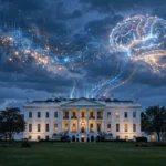 The White House at dusk with a glowing AI neural-network motif in the night sky, illustrating the new Super Intelligence Force AI task force