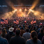 A packed campaign rally at dusk in a Texas arena, with supporters waving American and Texas lone-star flags as a speaker takes the stage under spotlights