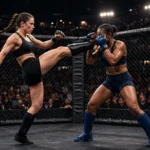Two female MMA fighters facing off inside a UFC octagon during a championship title fight, with the championship belt at the cage side.