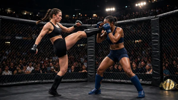 Two female MMA fighters facing off inside a UFC octagon during a championship title fight, with the championship belt at the cage side.