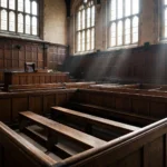 Empty historic British Crown Court courtroom with wooden benches and tall arched windows, symbolising the UK's jury justice system