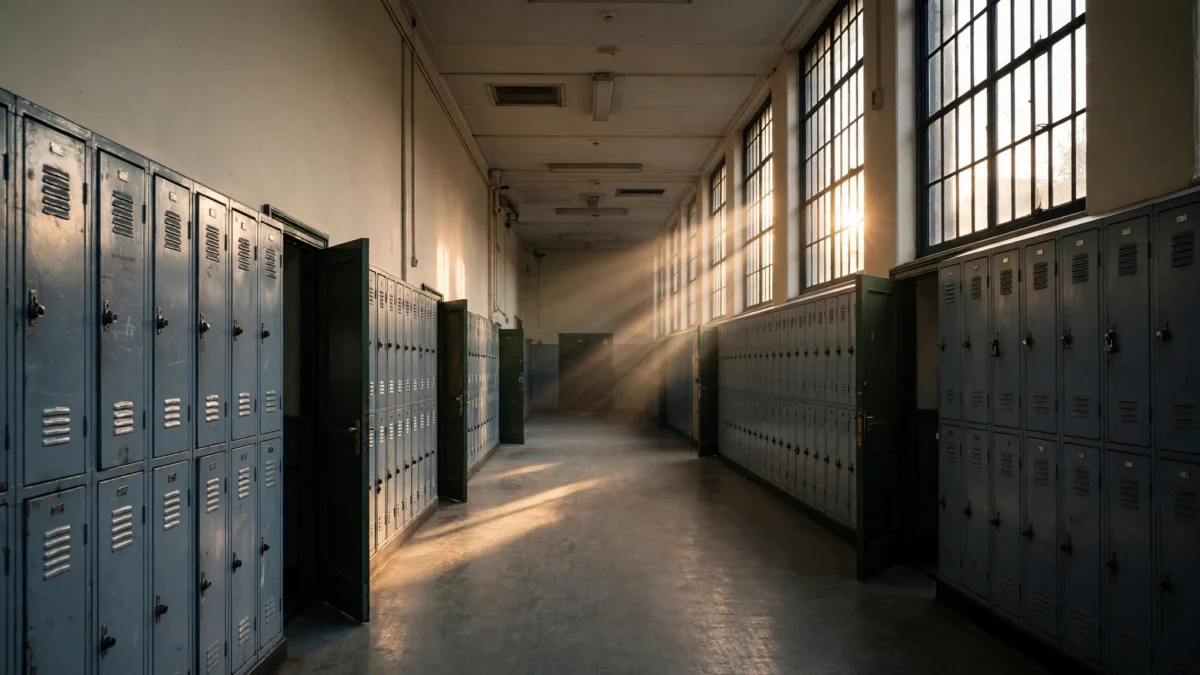 Empty school corridor with lockers, illustrating a news report on child safeguarding in UK schools