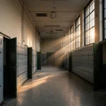 Empty school corridor with lockers, illustrating a news report on child safeguarding in UK schools