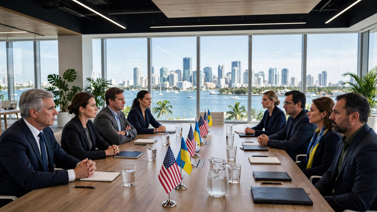 AI-generated illustration of US and Ukrainian delegations seated across a conference table with American and Ukrainian flags in a modern Miami waterfront meeting room