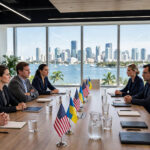 AI-generated illustration of US and Ukrainian delegations seated across a conference table with American and Ukrainian flags in a modern Miami waterfront meeting room