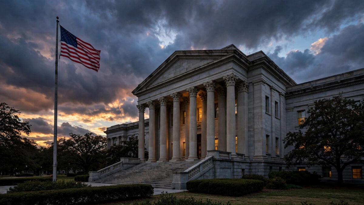 A federal courthouse in Washington D.C. at dusk with the American flag flying, symbolising the court ruling against the Justice Department's voter-roll audit.