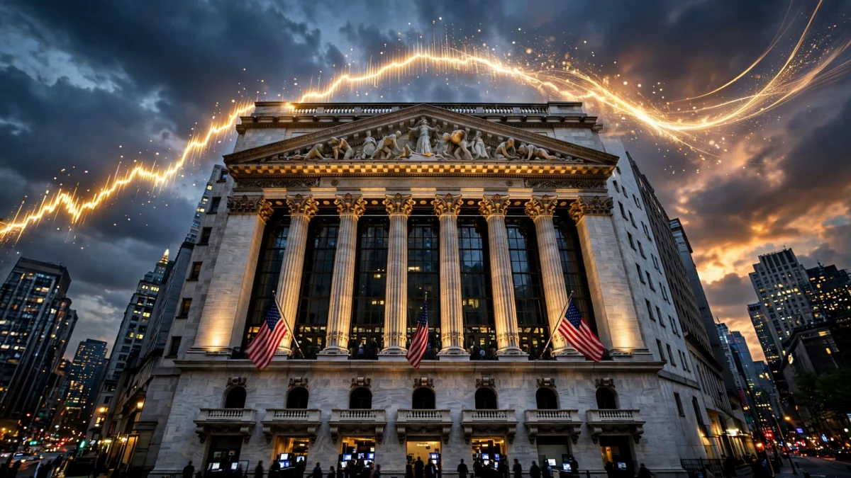 New York Stock Exchange facade at dusk with American flags and a golden rising chart line in the sky above
