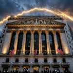 New York Stock Exchange facade at dusk with American flags and a golden rising chart line in the sky above