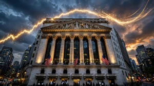 New York Stock Exchange facade at dusk with American flags and a golden rising chart line in the sky above