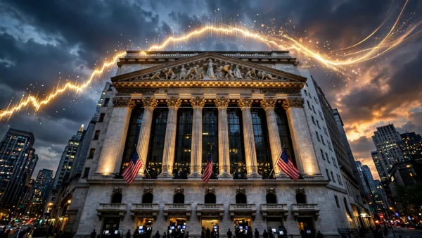 New York Stock Exchange facade at dusk with American flags and a golden rising chart line in the sky above