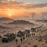 A military convoy of trucks and soldiers moving through a desert valley at dawn with smoke rising on the horizon