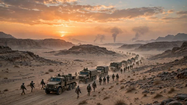 A military convoy of trucks and soldiers moving through a desert valley at dawn with smoke rising on the horizon