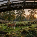 A majestic Amur tiger walking through a grassy woodland enclosure at a British wildlife park at dusk, seen from a raised visitor walkway.